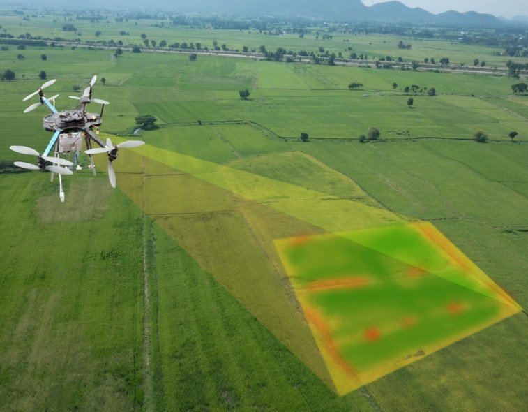Vue aérienne de terres agricoles avec imagerie multispectrale
